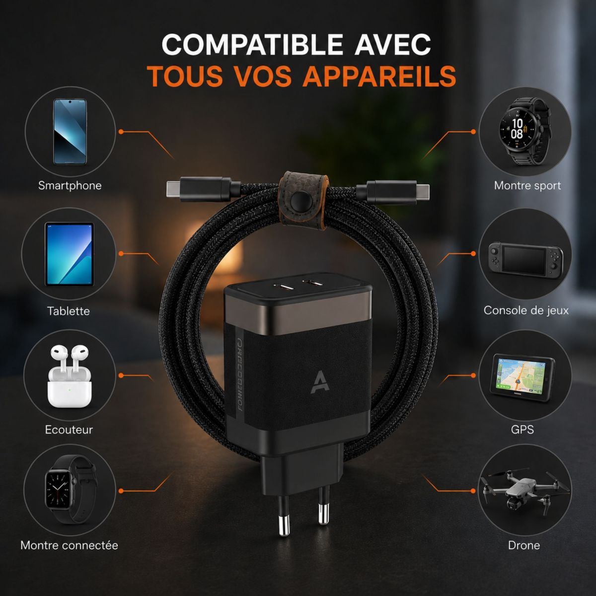 Chargeur ordinateur portable 65W 2 USB-C + Cable USB-C 2M - Noir couleur unique, ADEQWAT