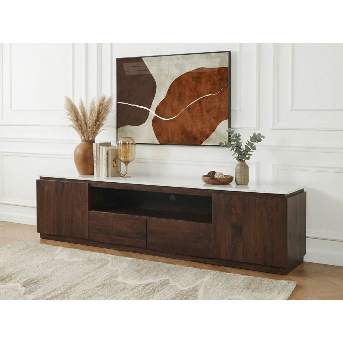 Meuble TV 200 cm bois massif, BARBARA marron foncé, BOBOCHIC