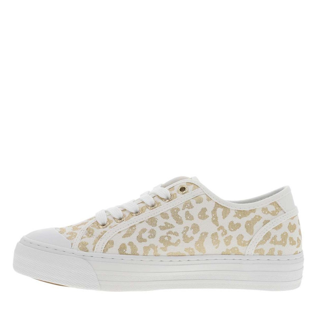 Tennis toile basse blanches avec un talon plat et des lacets blanc, MUSTANG