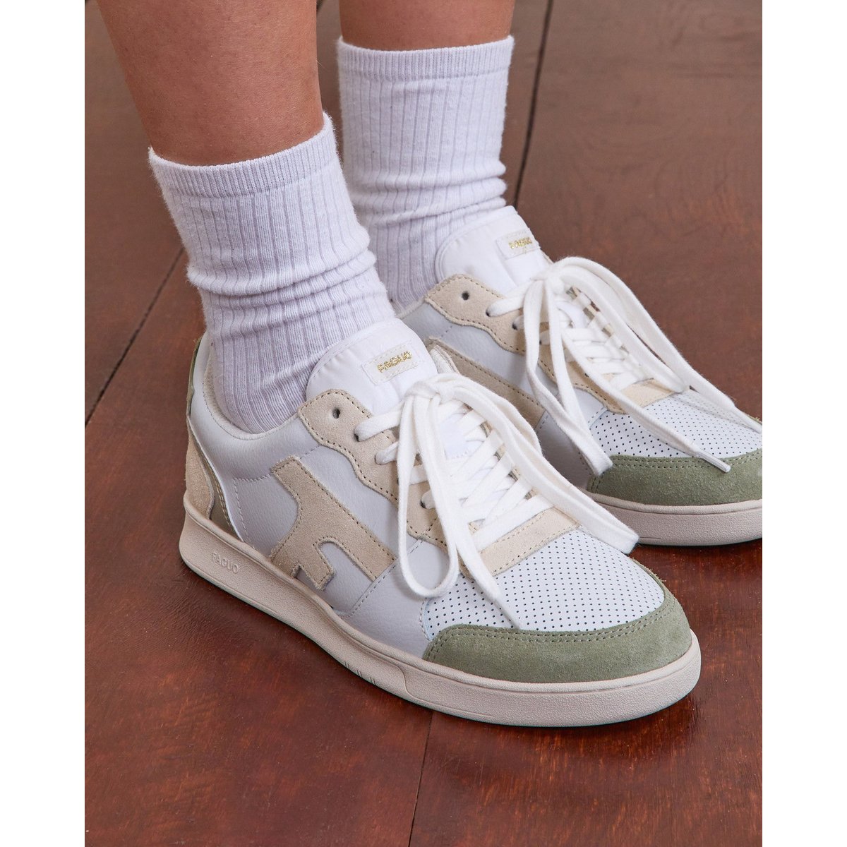 Baskets basses cuir suede HAZEL blanc et bleu océan, FAGUO