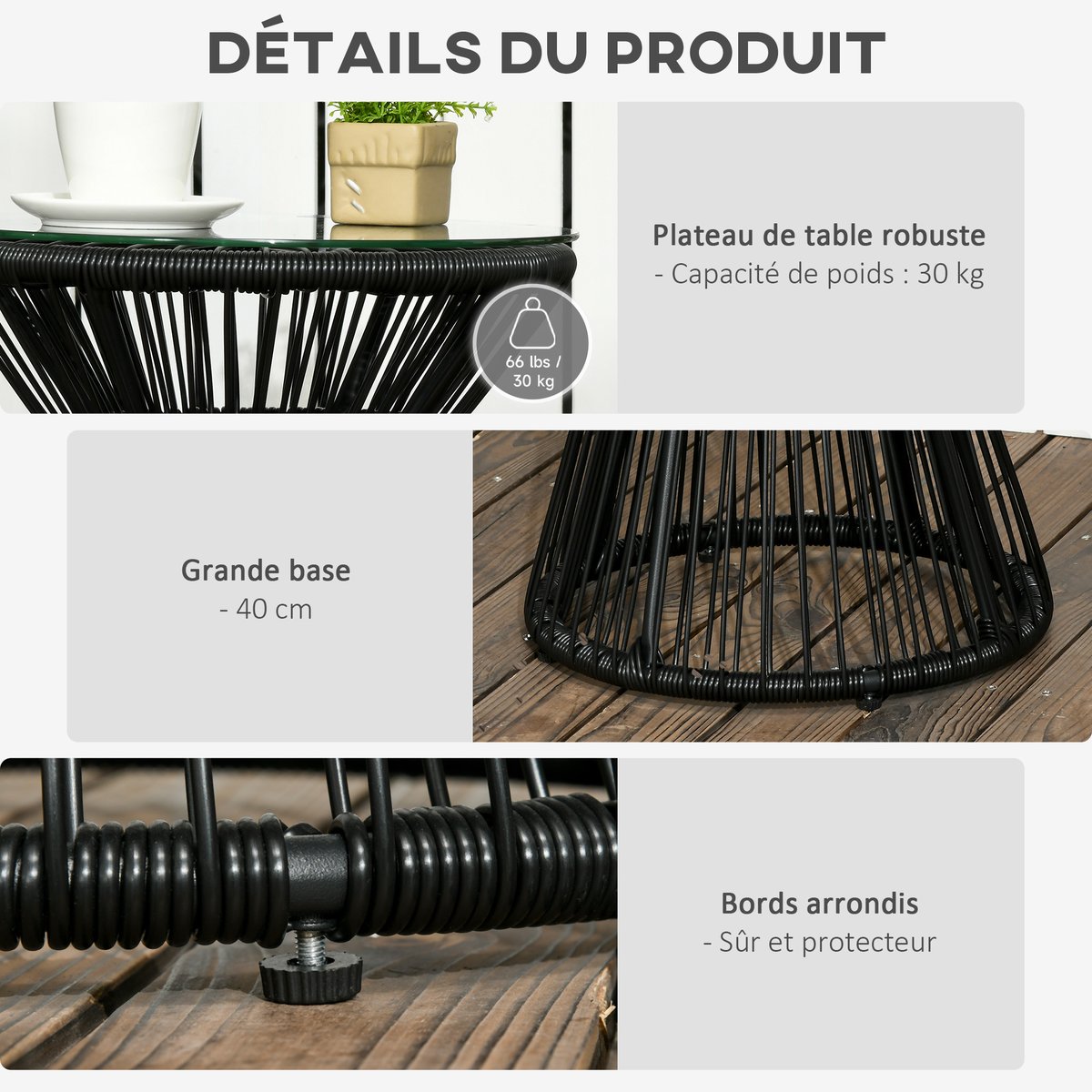 Table d'appoint en rotin Résine tressée noir, OUTSUNNY