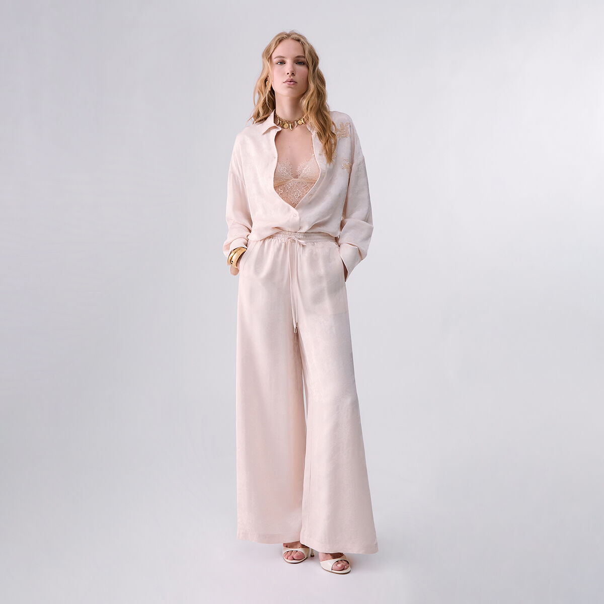 Pantalon en Jacquard avec Dentelle Valencienne crème, LIU JO