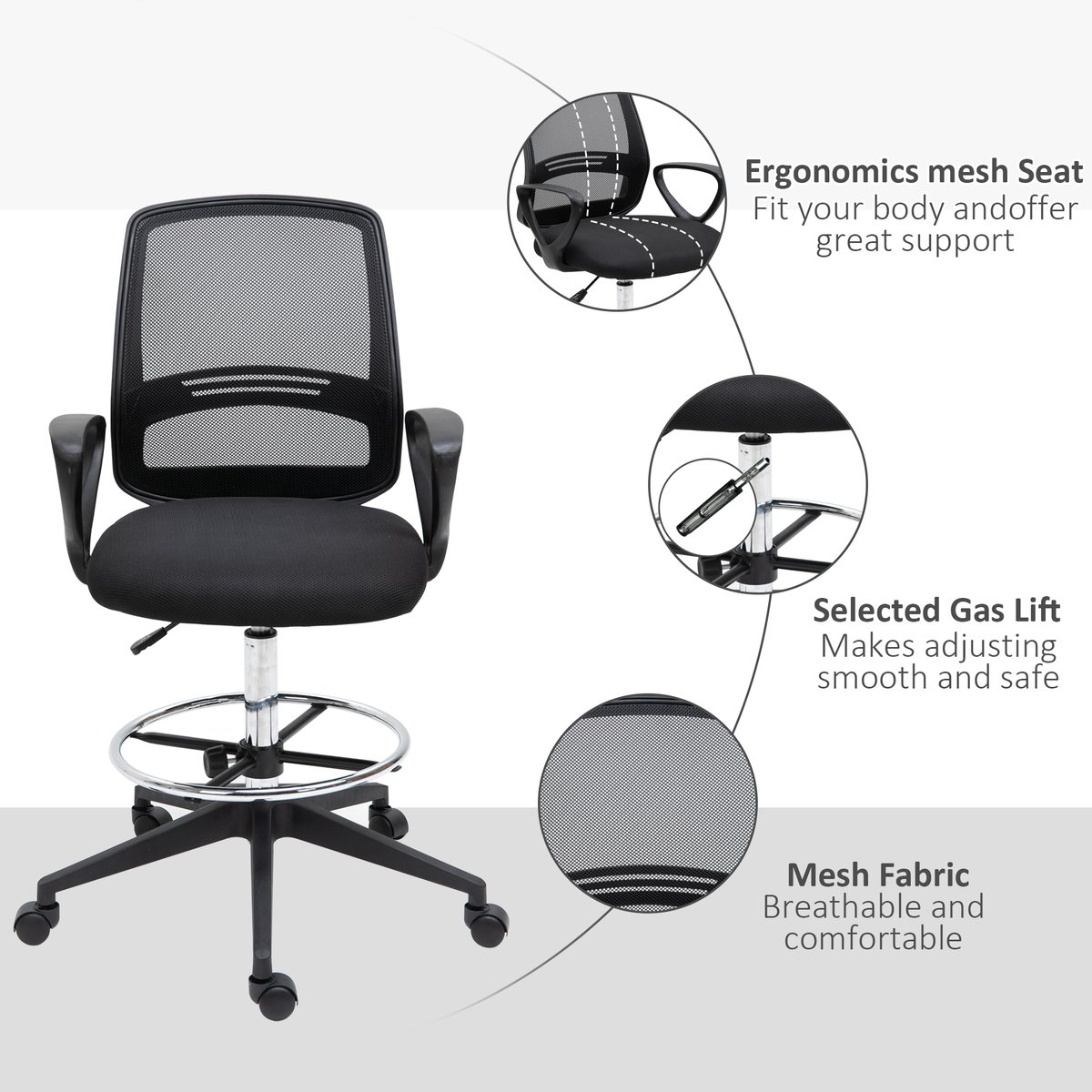 Chaise de bureau pour poste de travail debout noir, HOMCOM