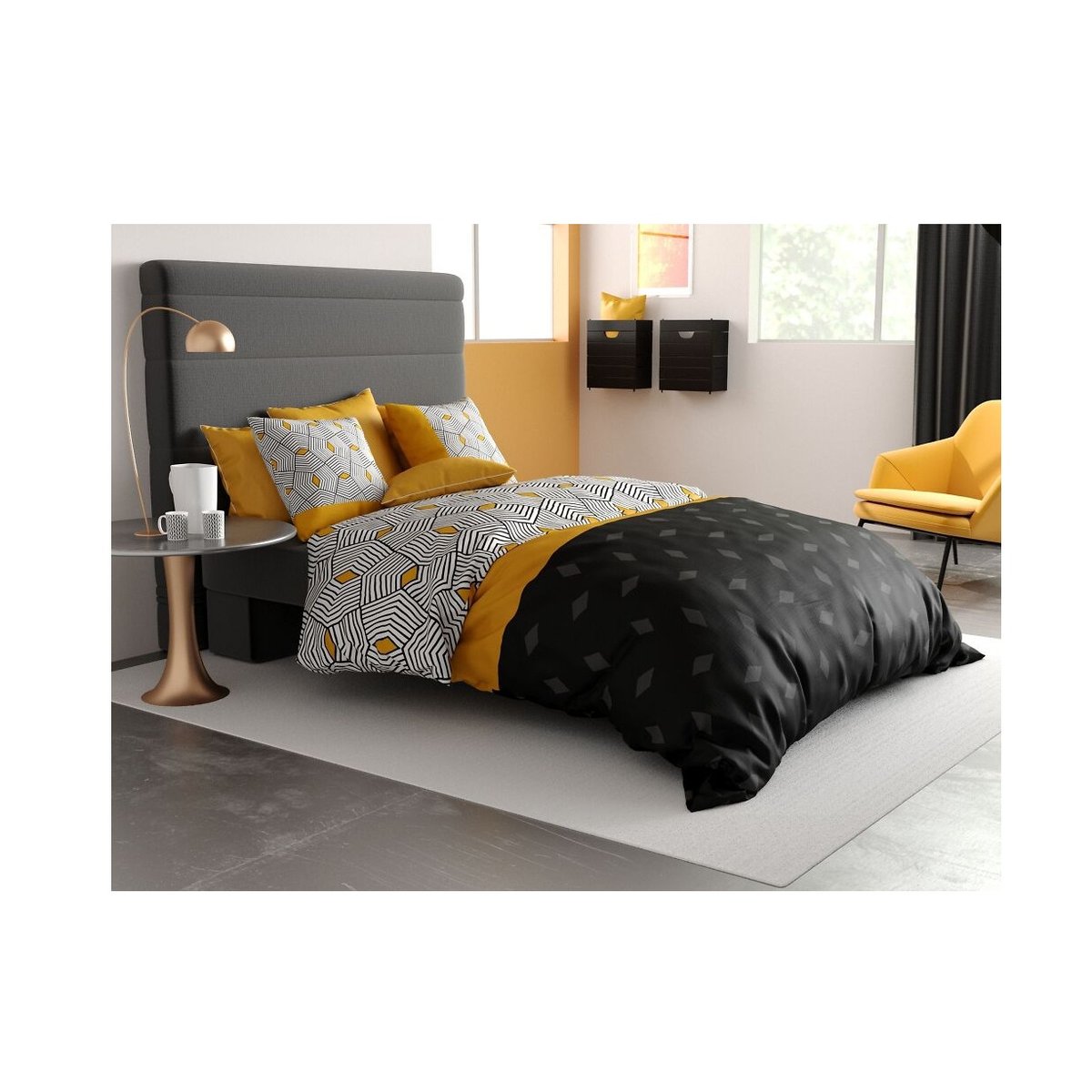 Housse couette + taie Geometrique faro jaune, EDEN