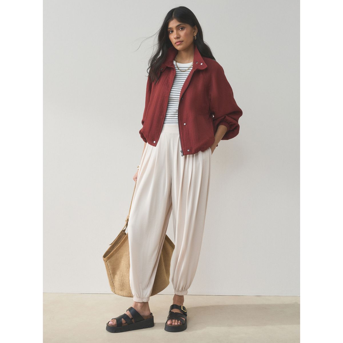 Pantalon bouffant soyeux plissé naturel, NEXT