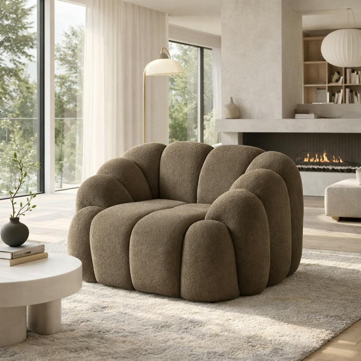 Fauteuil arrondi design en tissu ONDA taupe, PIER IMPORT