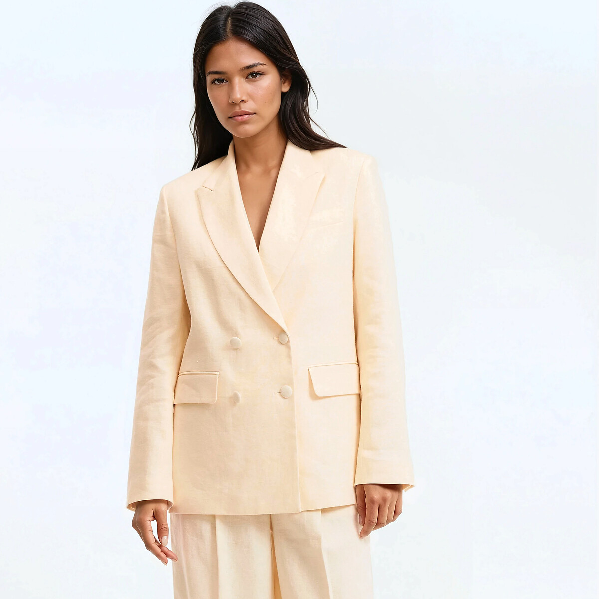 Blazer croisé coupe ample en lin jaune pastel, LA REDOUTE COLLECTIONS