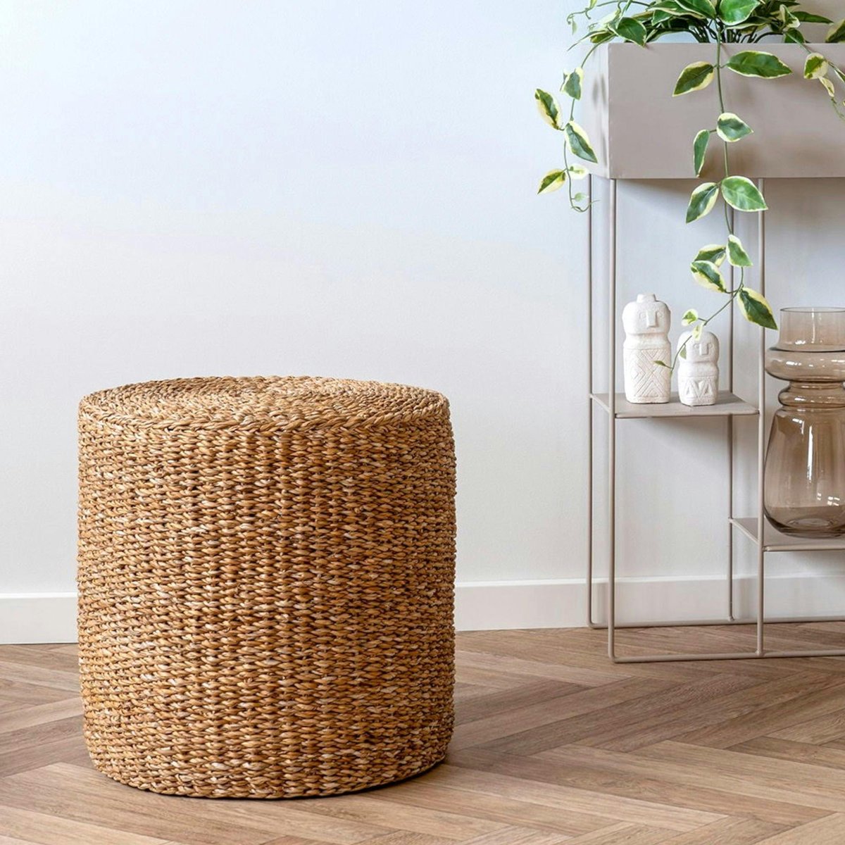 Pouf rond en jonc de mer, style bohème BRUGES beige, PIER IMPORT
