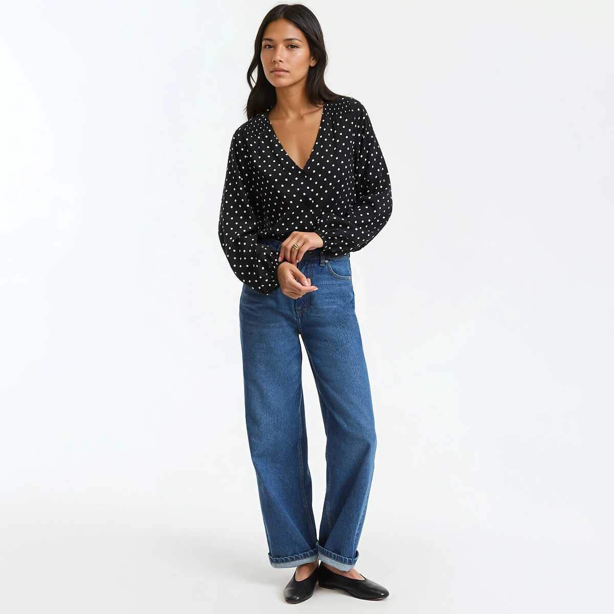 Polka Dot Blouse with V-Neck and Long Sleeves polka dot print, LA REDOUTE COLLECTIONS