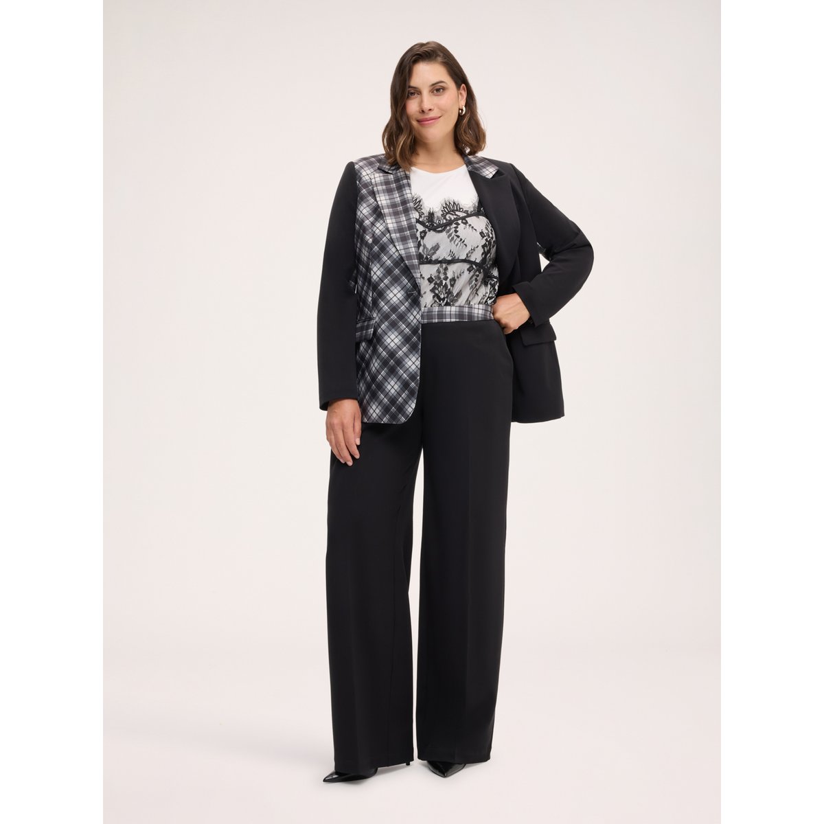 Pantalon Wide Leg avec bande check noir, FIORELLA RUBINO
