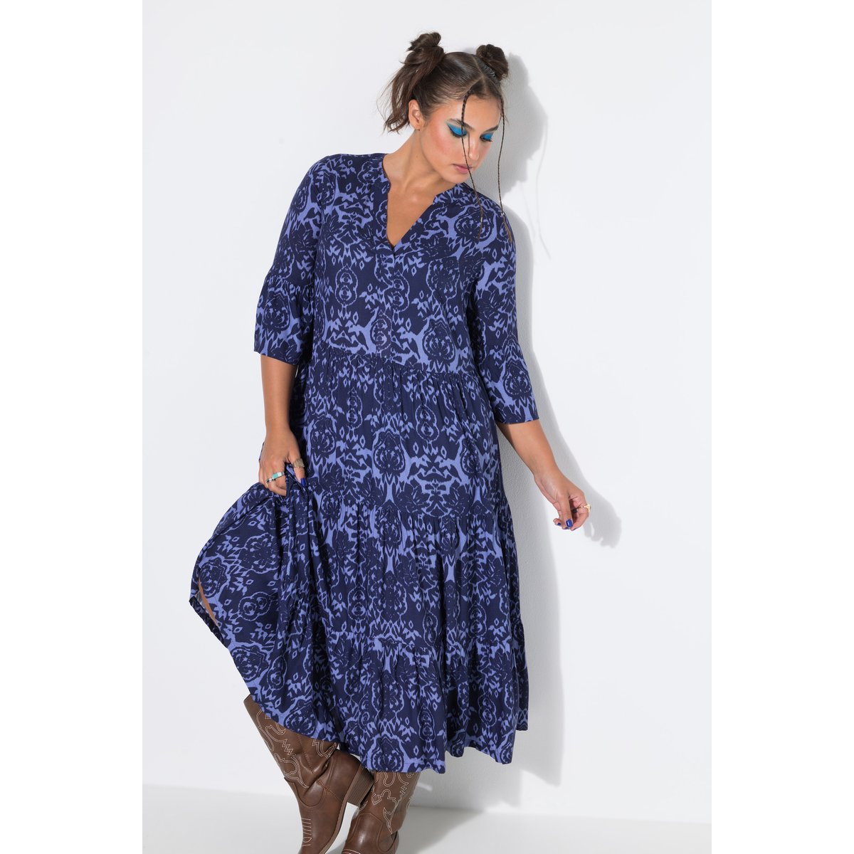 Robe maxi coupe trapèze à volants marine, STUDIO UNTOLD