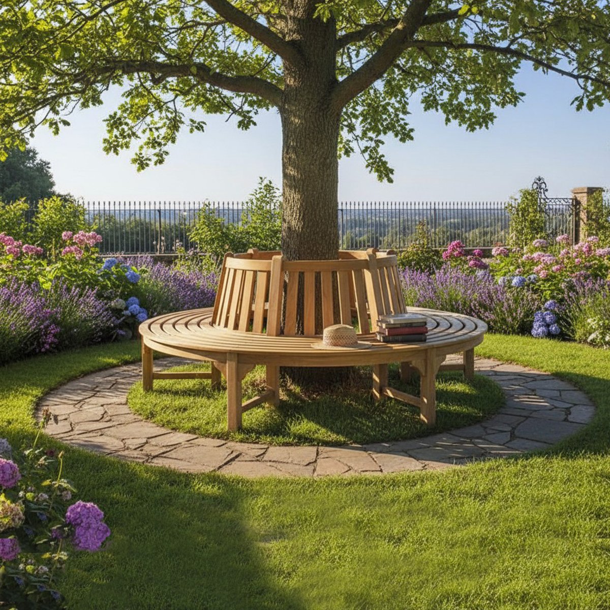 Banc circulaire en teck massif tour d'arbre 360°, Westminster naturel, TECK ATTITUDE