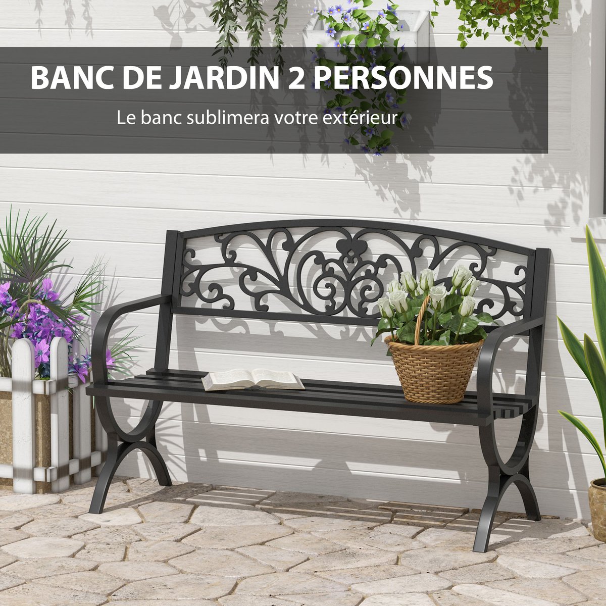 Banc de jardin Métal Noir noir, OUTSUNNY