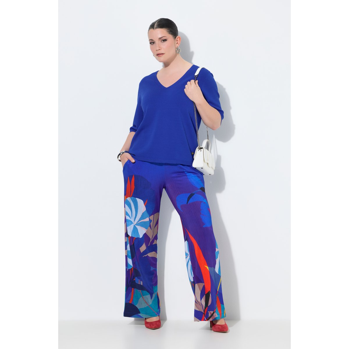 Pantalon en tissu piqué à fleurs bleu cobalt, ULLA POPKEN
