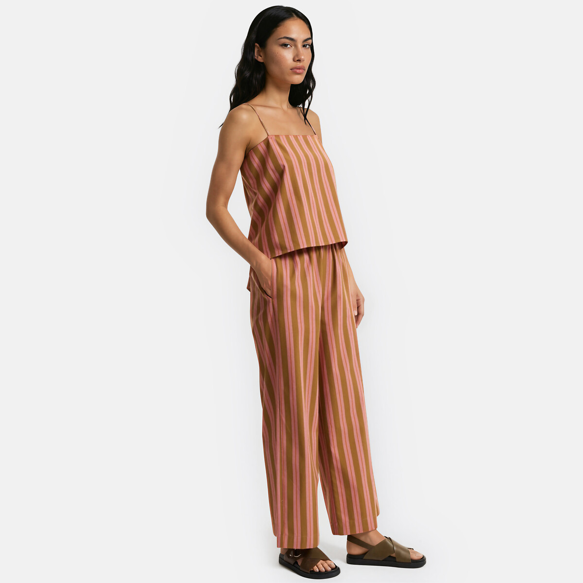 Pantalon large rayé à taille élastiquée rayé rose/camel, LA REDOUTE COLLECTIONS
