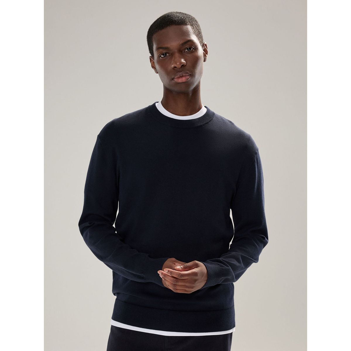 Pull ras du cou standard en coton majoritaire bleu marine, NEXT