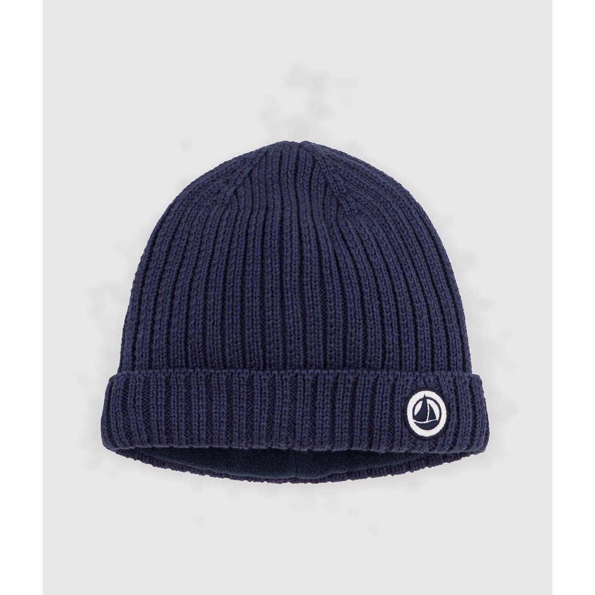 Bonnet bébé uni en tricot doublé polaire bleu marine, PETIT BATEAU