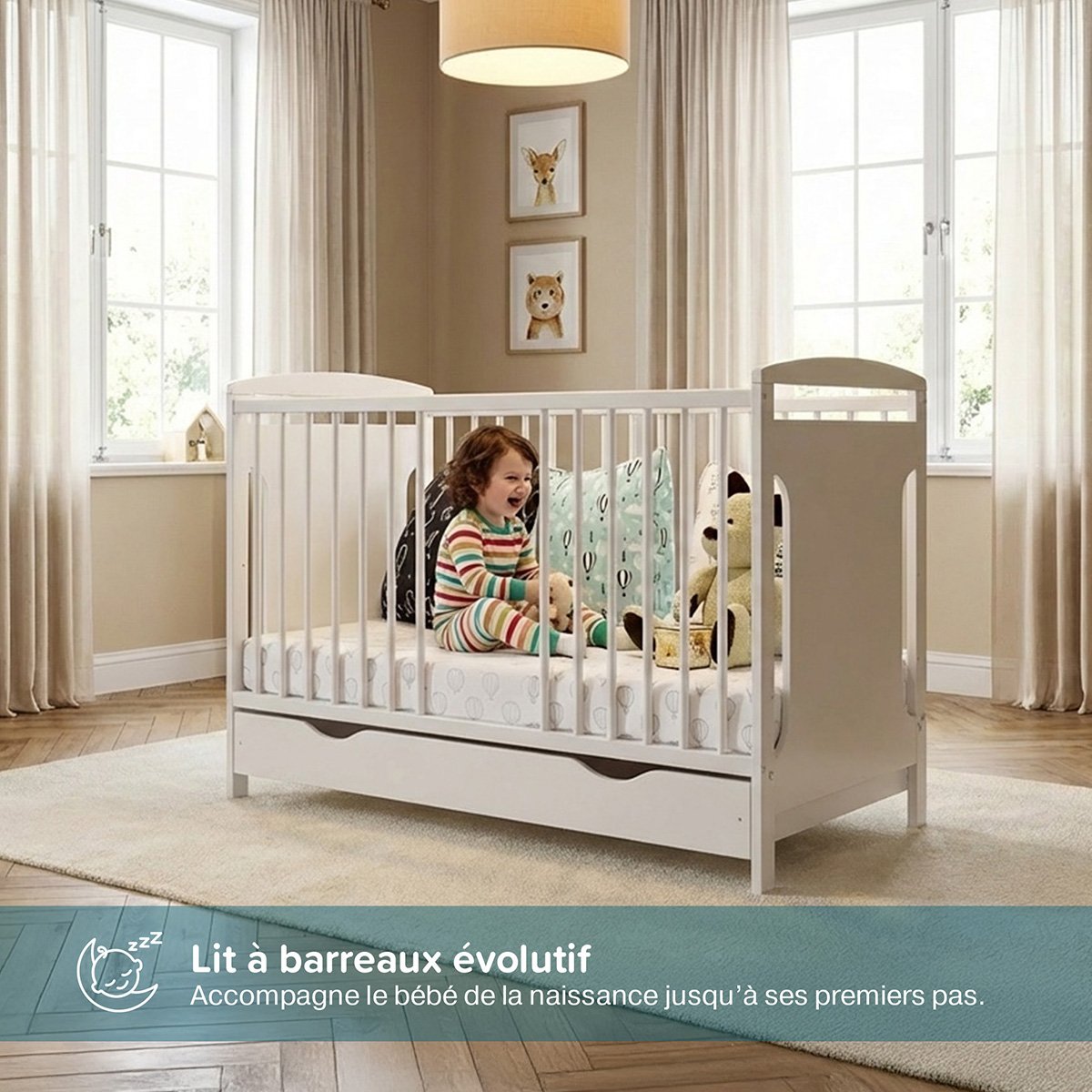 Lit bébé évolutif Margot - Design sobre - Grandit avec l'enfant blanc, MINEA