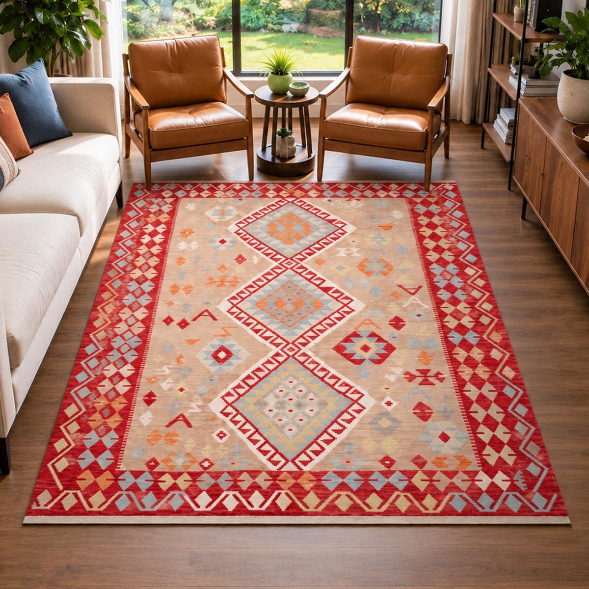Tapis kilim à motif géométrique, tissé à plat en laine, KILIM 93 multicolore, beige, rouge, UN AMOUR DE TAPIS