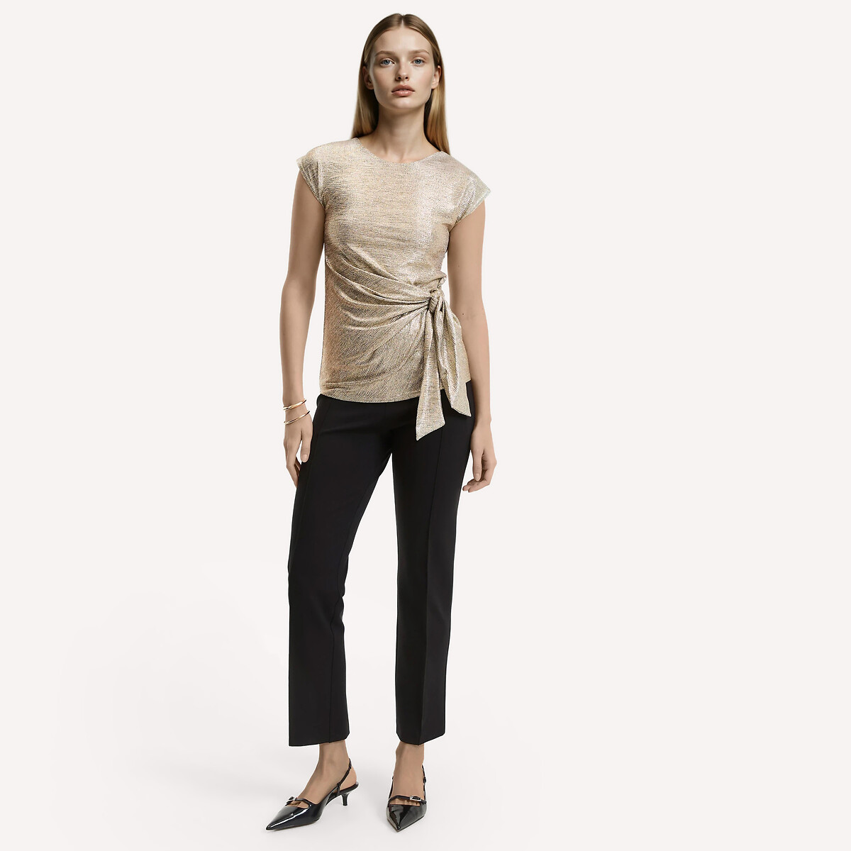 Metallic Draped Front Blouse with Short Sleeves gold-coloured, ANNE WEYBURN