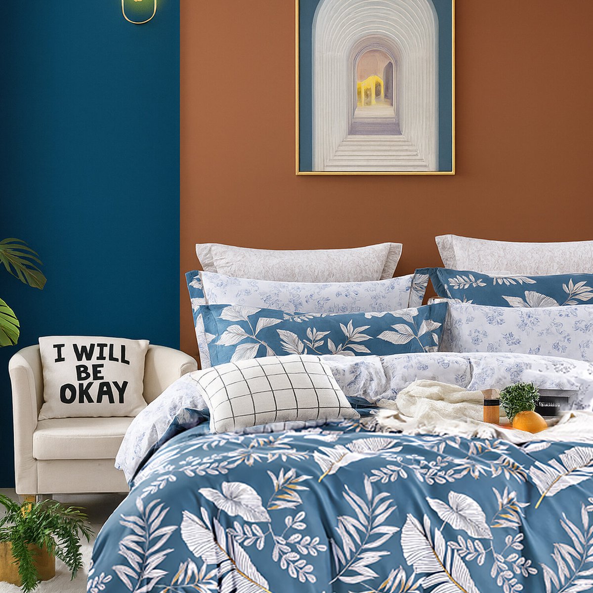 Parure housse de couette taie à volant coton, Azuralis bleu, C DESIGN HOME TEXTILE