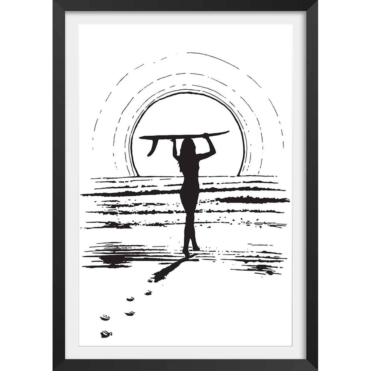 Poster surfeuse sunset affiche + cadre en bois - noir, HEXOA