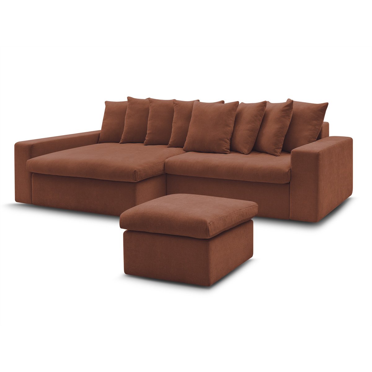 Canapé d'angle fixe 3 places en tissu lisse avec pouf, ENORE rouge, BOBOCHIC