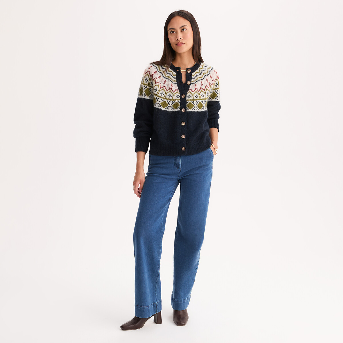Cardigan jacquard, en alpaga mélangé jacquard bleu marine, ANNE WEYBURN