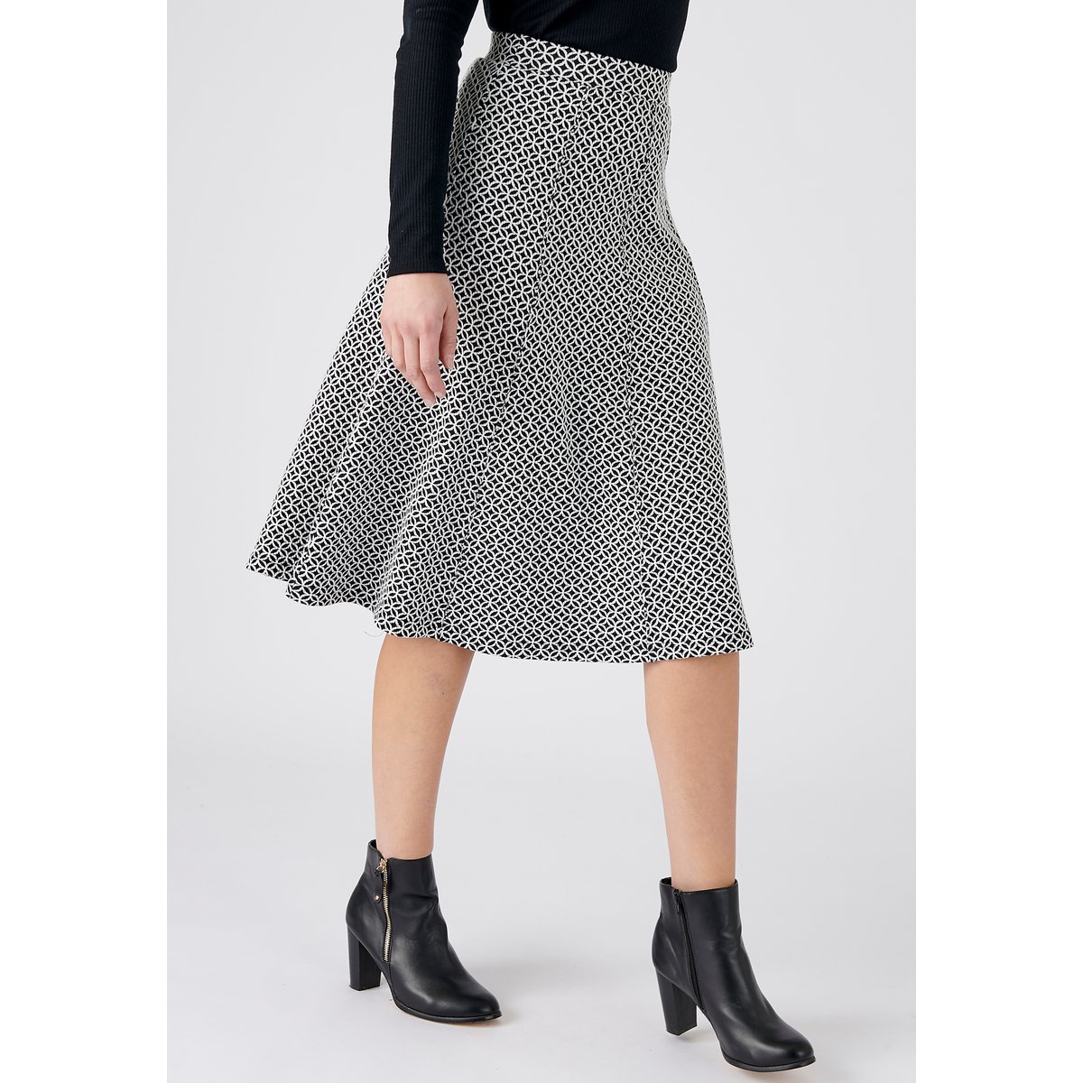 Jupe évasée maille jacquard noir géométrique, DAMART