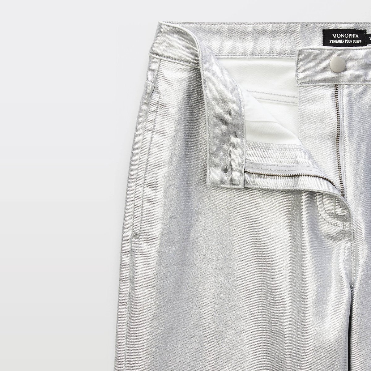 Jean large enduit é en coton silver, MONOPRIX