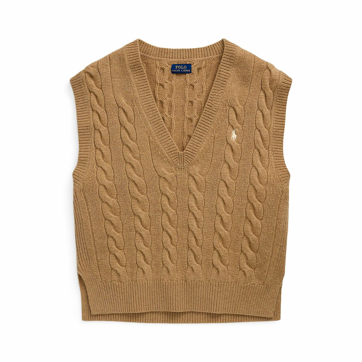 Pullunder mit V-Ausschnitt und Logo-Stitching kamel, POLO RALPH LAUREN