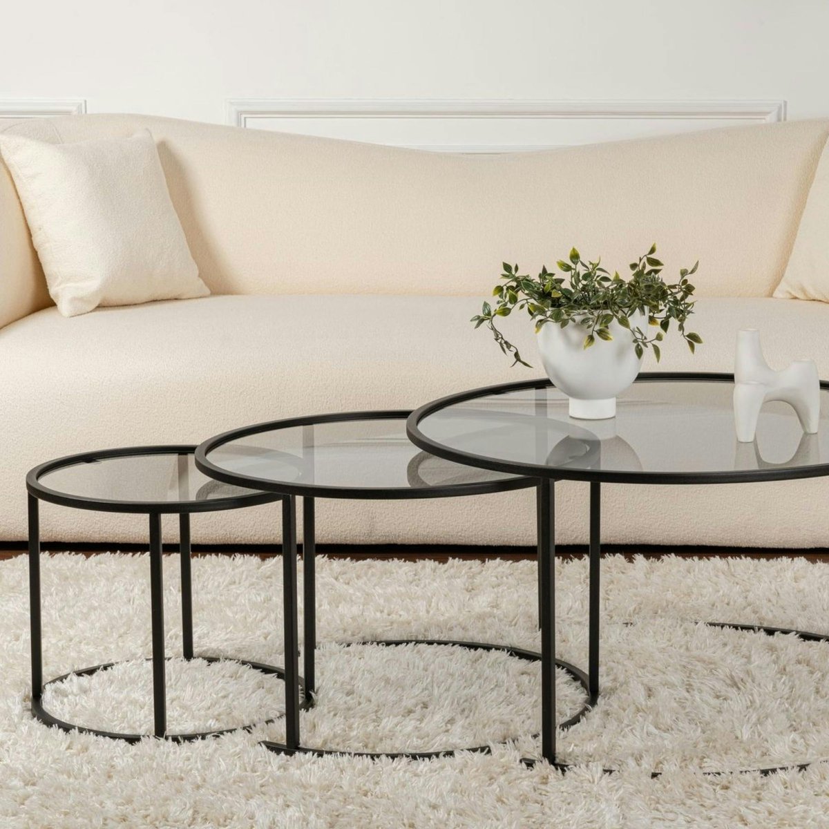 Table gigogne verre fumé - cadre noir (lot de 3) ⌀80 cm TULUM noir, PIER IMPORT