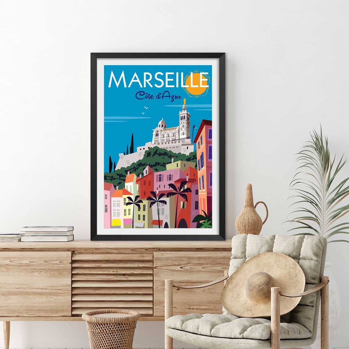 Affiche vintage Marseille affiche + cadre en bois - noir, HEXOA