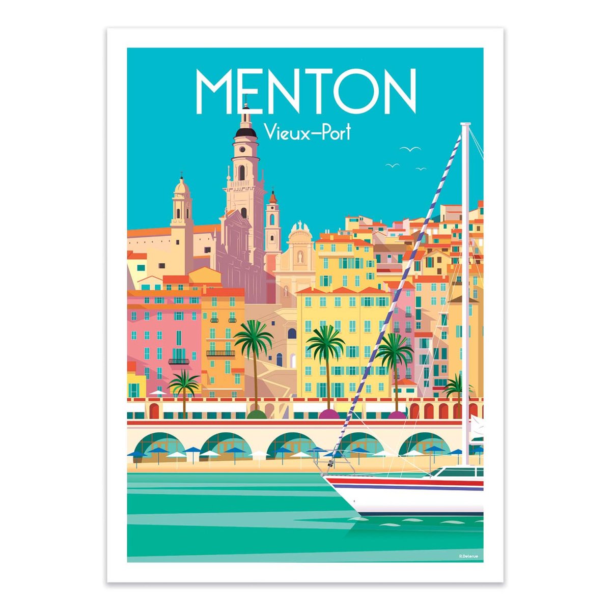 Affiche d'art - Menton Vieux-Port - Raphael Delerue turquoise, WALL EDITIONS