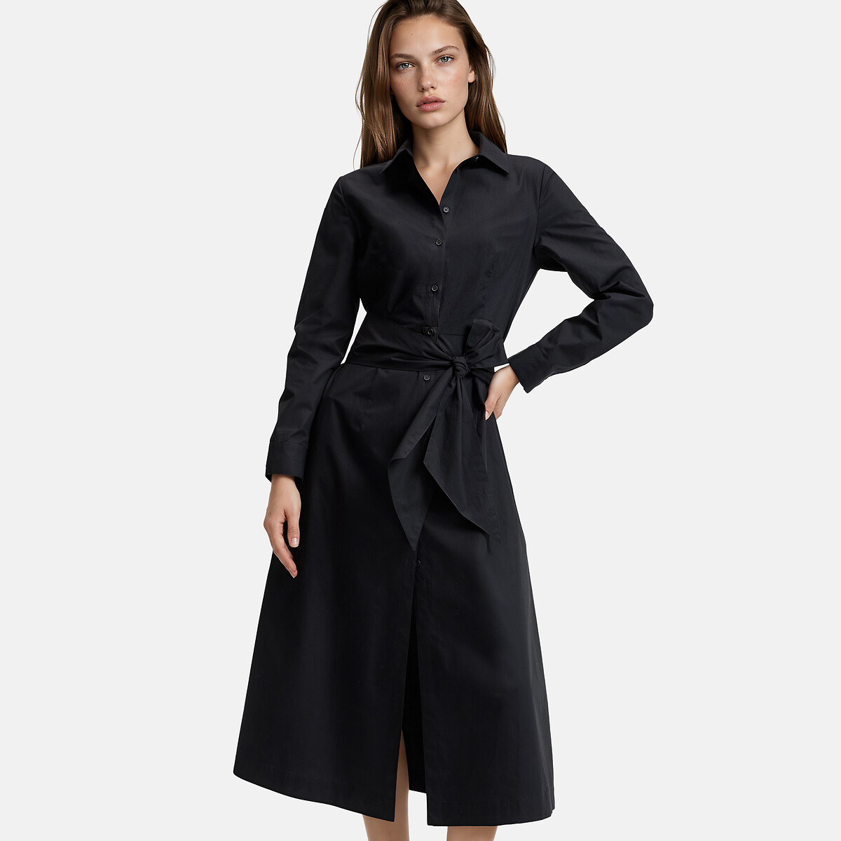 Robe chemise midi à manches longues et ceinture à nouer noir, LA REDOUTE COLLECTIONS