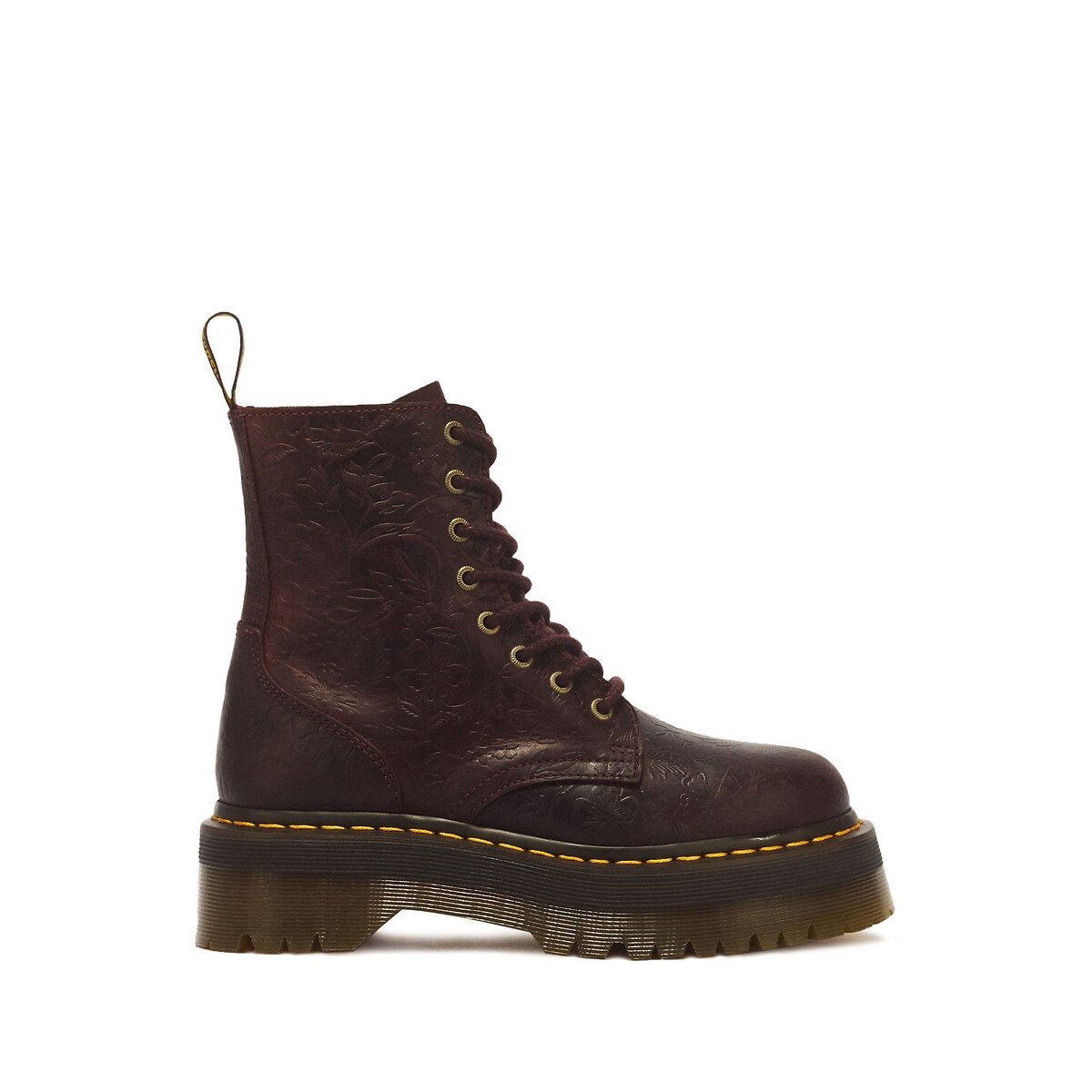 Boots plateformes Jadon Emboos Floral en cuir Crazy Horse rouge foncé, DR. MARTENS
