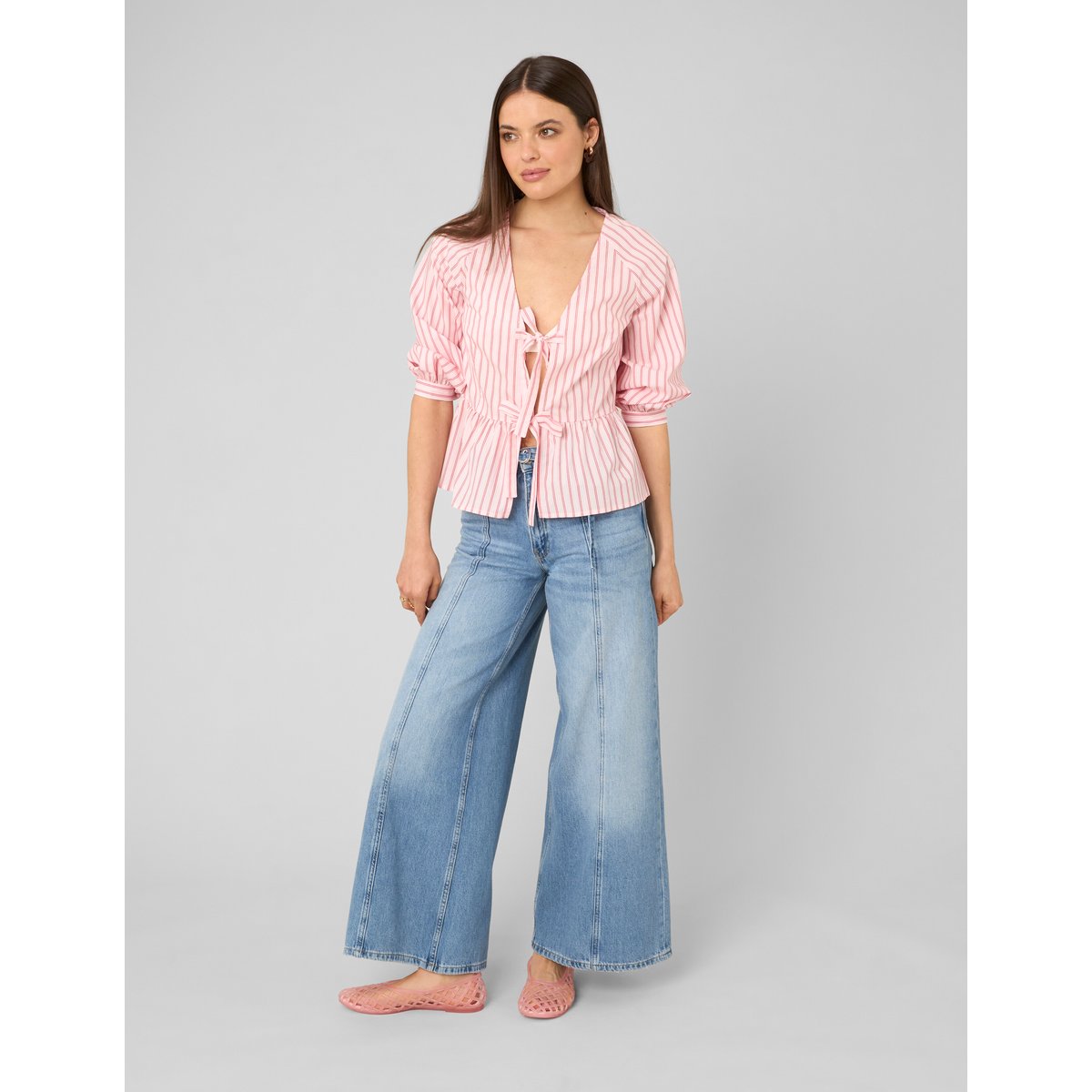 Blouse rayée à nouer rose pâle, BZB