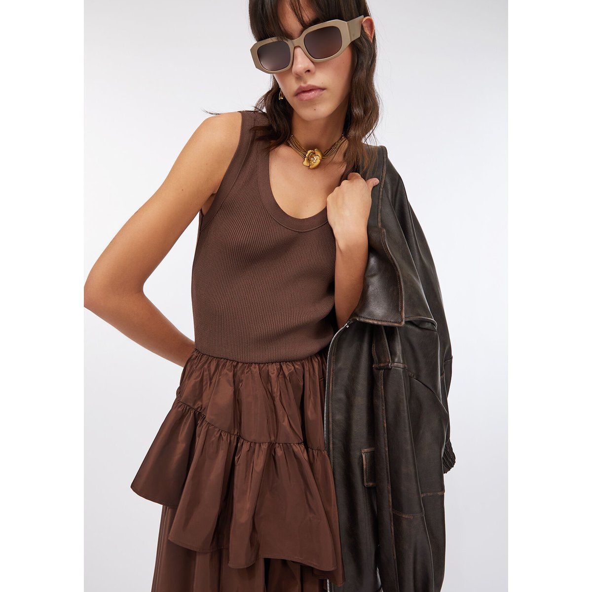 Robe asymétrique à volants marron foncé, LIU JO