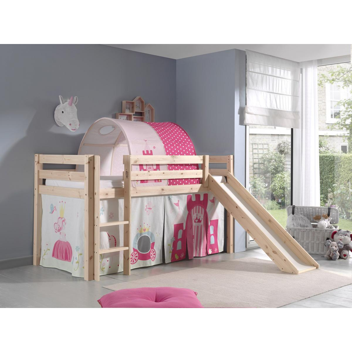 Lit Compact avec Toboggan + Rideau de lit Princess + Tunnel de lit Princess couleur unique, VIPACK