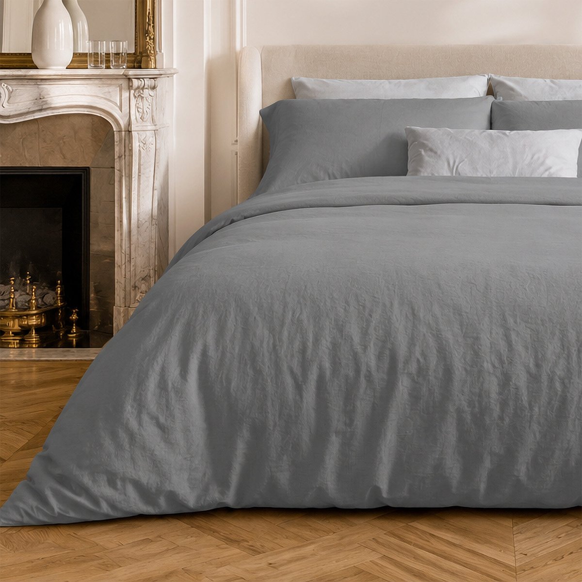 Parure housse de couette en coton lavé unie, DRIFT gris, C DESIGN HOME TEXTILE