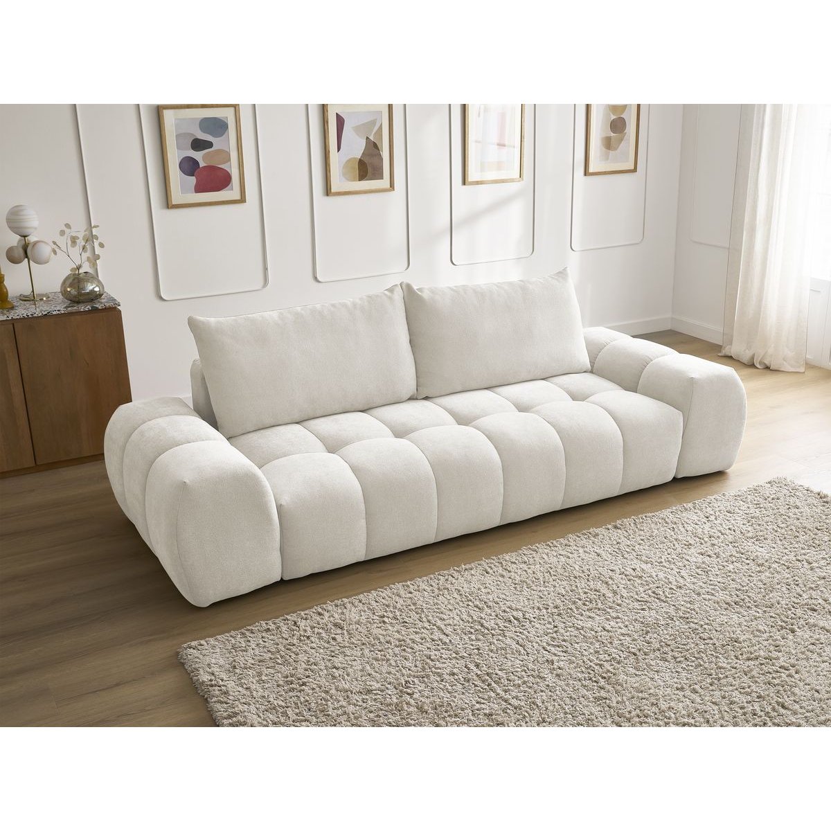 Canapé droit fixe 3 places en tissu texturé, EVEREST blanc, BOBOCHIC