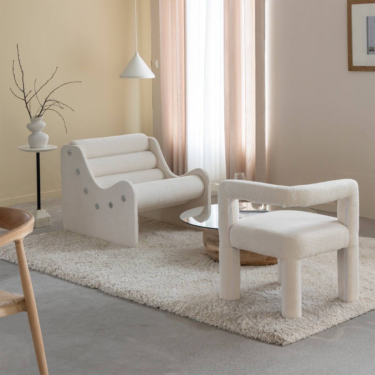 Fauteuil en tissu bouclette NORA blanc, MADE IN MEUBLES