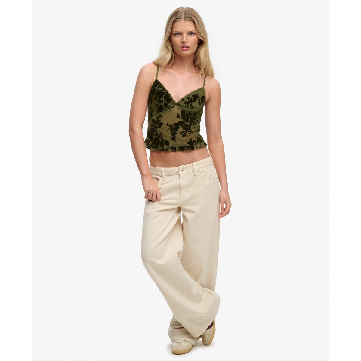 Top à Bretelles en Mesh Floqué vert sapin, SUPERDRY