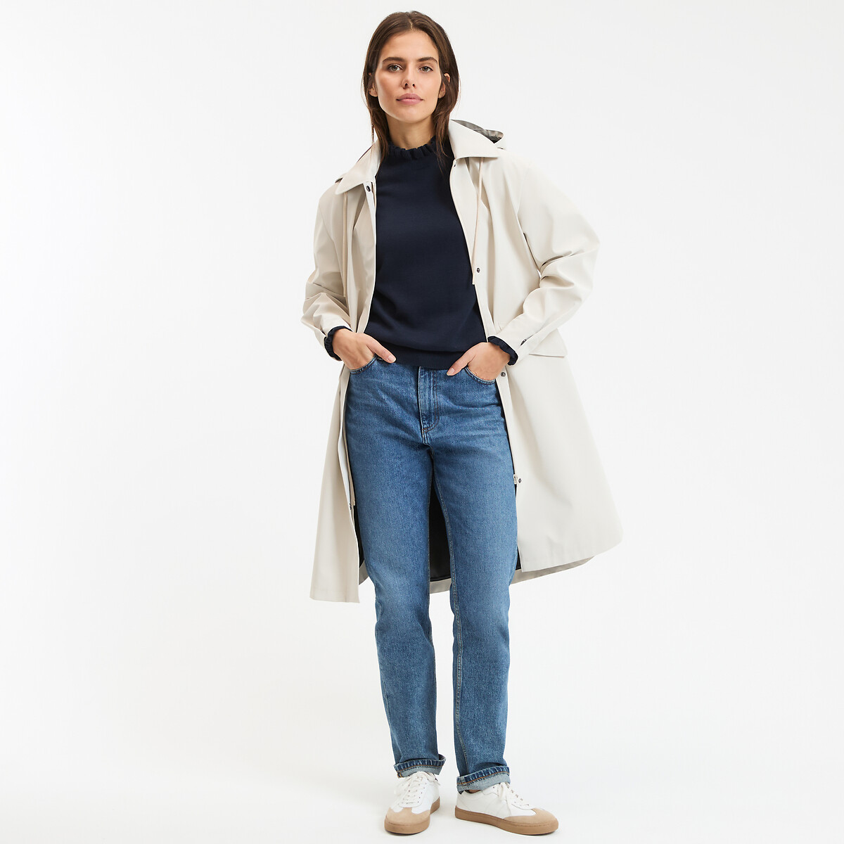 Cotton Long Sleeve Jumper with Ruffled High Neck navy blue, LA REDOUTE COLLECTIONS