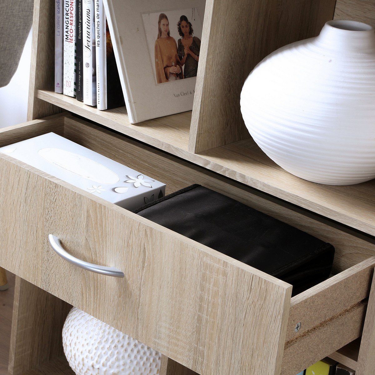 Etagère de rangement 4 casiers avec un tiroir bois clair, CALICOSY