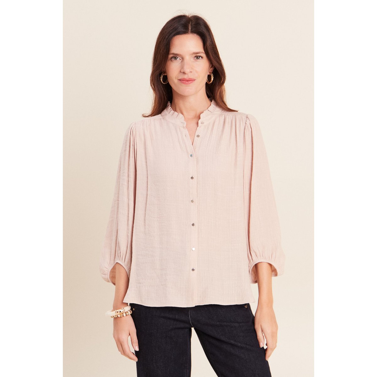 Chemise col montant manches 3/4 ivoire, BREAL