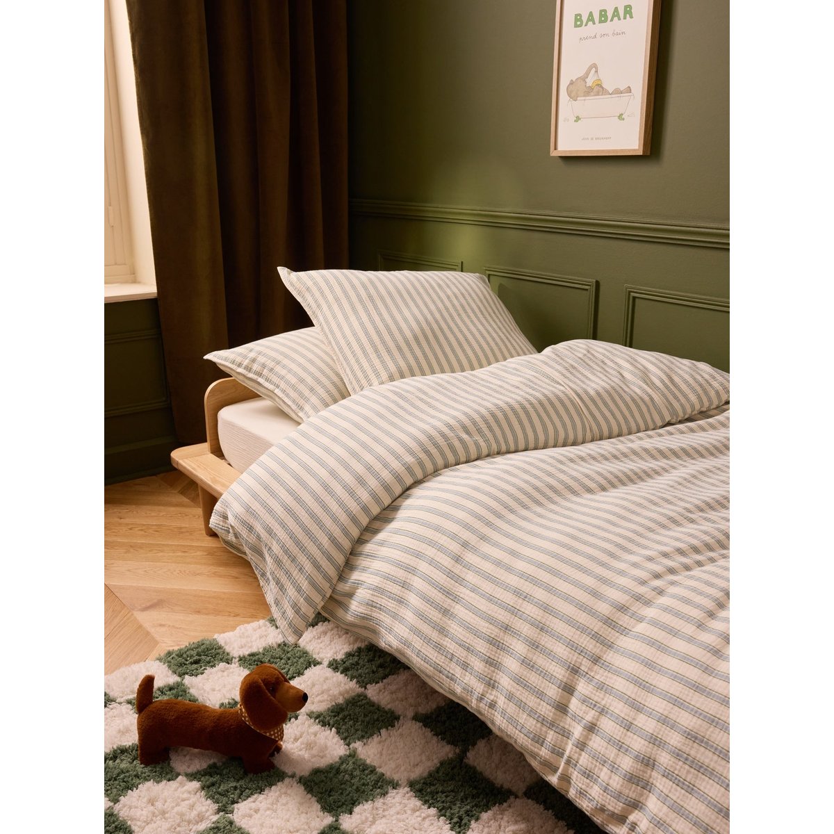 Housse de couette gaze de coton "Lou" rayure vert/bleu, CYRILLUS