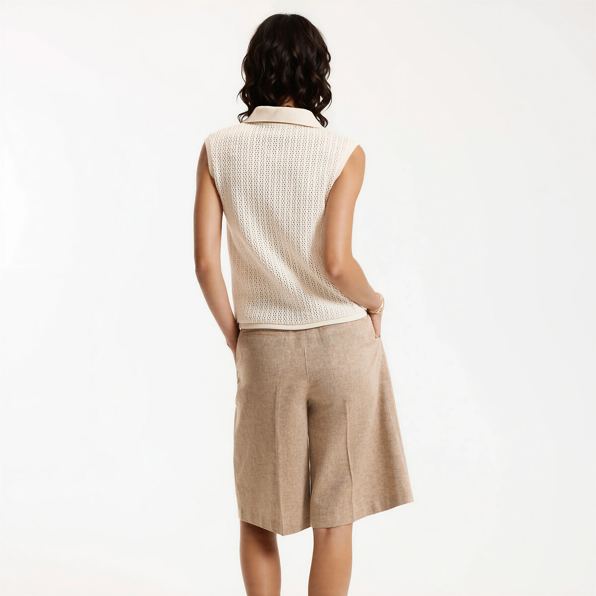 Ärmelloser Pullover mit Polokragen aus Ajourstrick ecru, LA REDOUTE COLLECTIONS