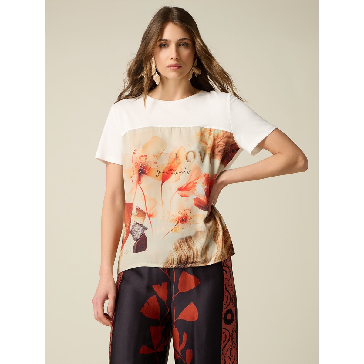 T-shirt avec insert imprimé orange soleil, OLTRE