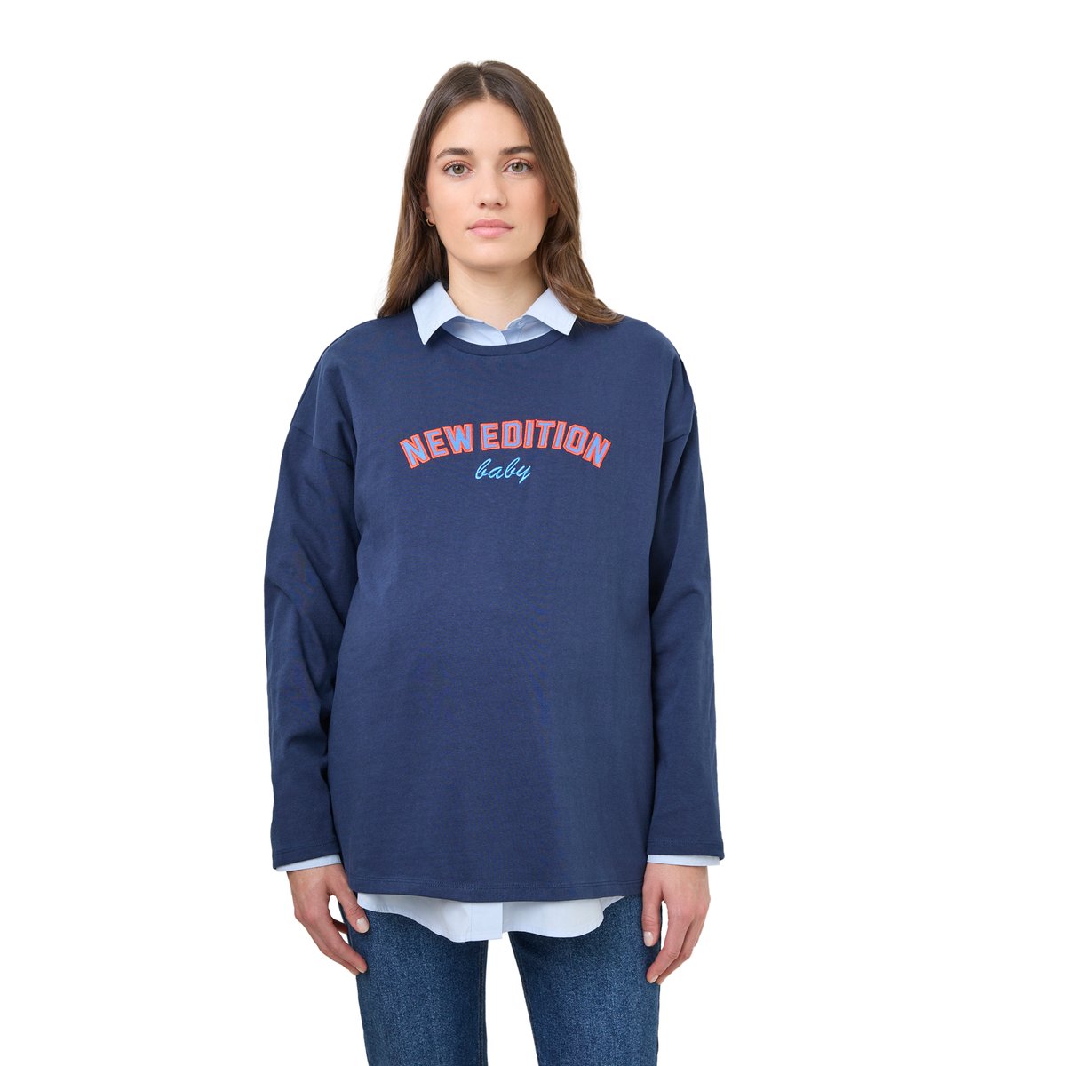 Tee-shirt inscription brodée "New edition baby" grossesse coton bio marine, VERTBAUDET